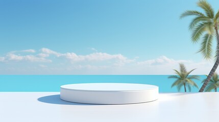 A white round stage is set up on a beach with palm trees in the background