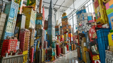 A cityscape made of junk and old buildings with a clock tower in the background