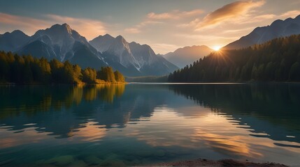 Summer Sunrise on Eibsee Lake with Zugspitze Mountain Range,alpine lake, mountain sunrise, scenic landscape, European travel, natural beauty