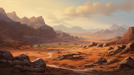 Fototapeta premium A desert landscape with mountains in the background