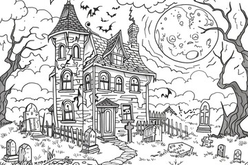 Scary Halloween coloring page with pumpkins, ghosts, bats and witches. Perfect for children and adults to enjoy.