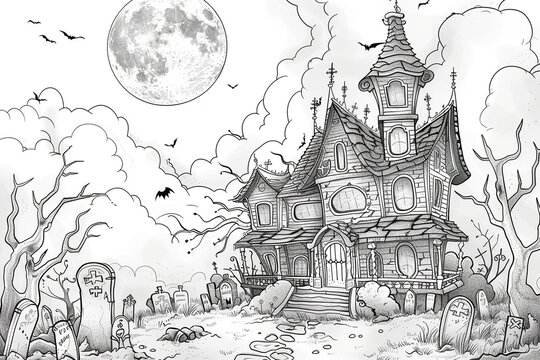 Scary Halloween coloring page with pumpkins, ghosts, bats and witches. Perfect for children and adults to enjoy.