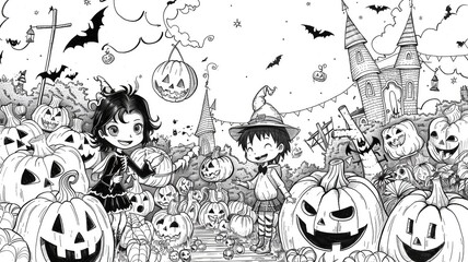 Scary Halloween coloring page with pumpkins, ghosts, bats and witches. Perfect for children and adults to enjoy.