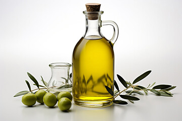 Glass bottle of olive oil and green olives.