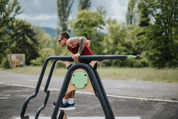 A focused sports person performs exercises on black and wooden horizontal bars set against a lush,...