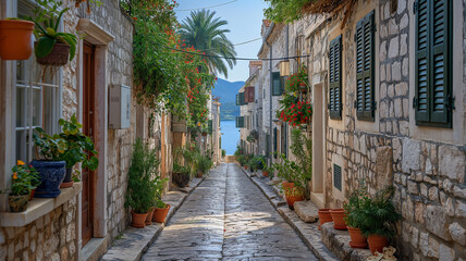 Fototapeta premium Narrow street lined with stone buildings and shutters, in the daytime