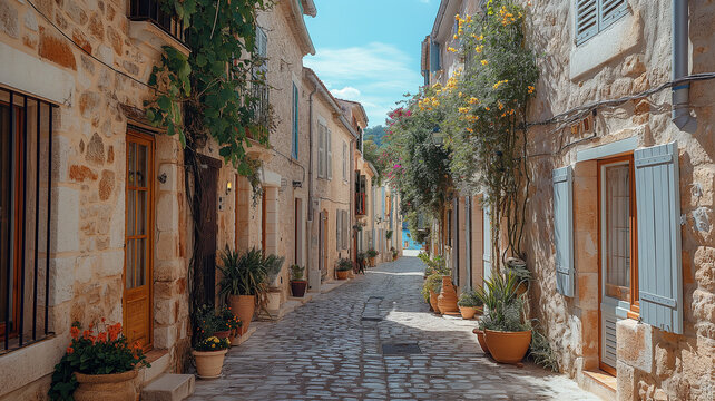 Narrow street lined with stone buildings and shutters, in the daytime