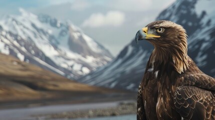 Fototapeta premium Close-up of an eagle against the backdrop of snow-covered mountains in winter. generative AI image