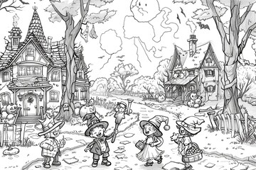 Scary Halloween coloring page with pumpkins, ghosts, bats and witches. Perfect for children and adults to enjoy.