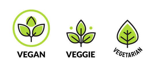 Vegan plant icon logo. Vegetarian plant symbol nature badge bio product eco label icon