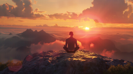 Man Meditates on Mountain Top at Sunset