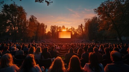 Crowd at an outdoor event enjoying a movie on a large screen under the sky