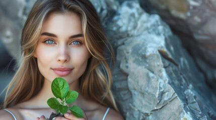 Naklejka premium Young Woman Holding Plant