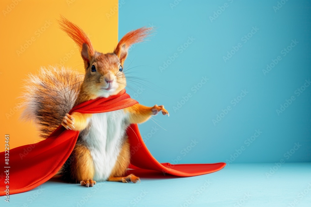 Poster superhero flying squirrel on gradient pastel background with ample copy space for text placement