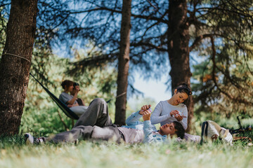 A group of young friends enjoy leisure time in a park, with one couple in a hammock and another pair on the grass.