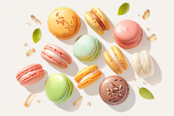 Colorful macarons are a sweet cake that is perfect for dessert. A variety of delicious macarons floating in the air to whet your appetite. - obrazy, fototapety, plakaty