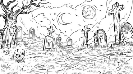 Fototapeta premium Scary Halloween coloring page with pumpkins, ghosts, bats and witches. Perfect for children and adults to enjoy.