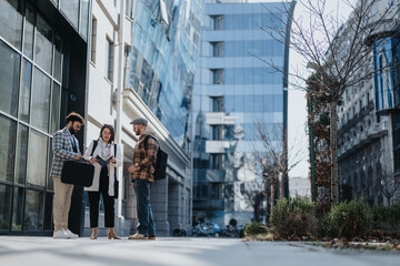 A group of young professionals hold an outdoor meeting in a city, strategizing and analyzing market trends.