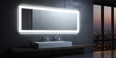 Fototapeta premium modern minimalist bathroom with illuminated mirror and cityscape view