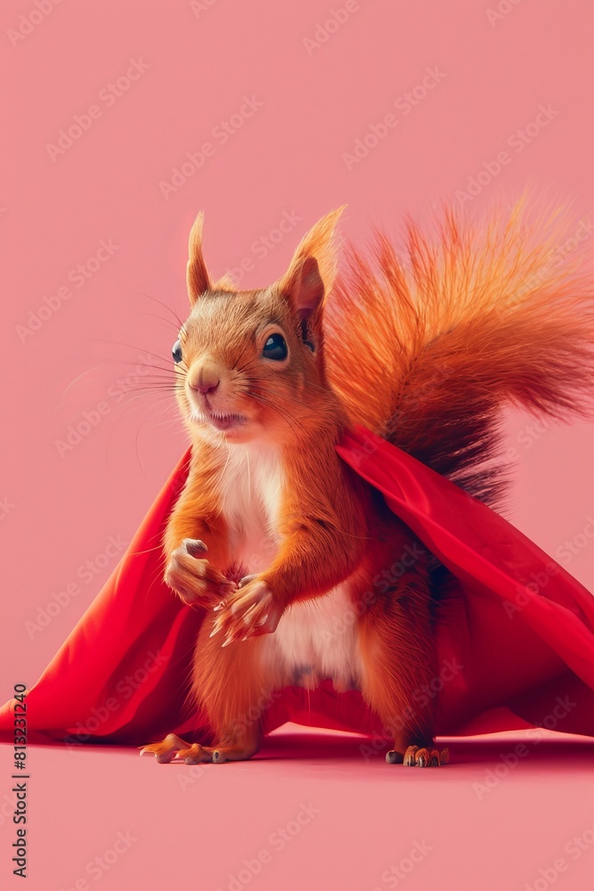 Poster superhero flying squirrel on gradient pastel background with empty space for text