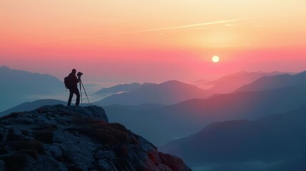 Fototapeta premium A photographer captures the serene beauty of a sunrise over the mountains using highresolution digital equipment, isolated on white