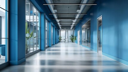 spacious blue office corridor with loftstyle windows and concrete floor 3d interior rendering