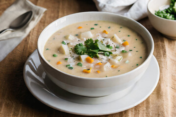 Aromatic Cream Soup with Carrots and Peas. Photorealistic generative AI