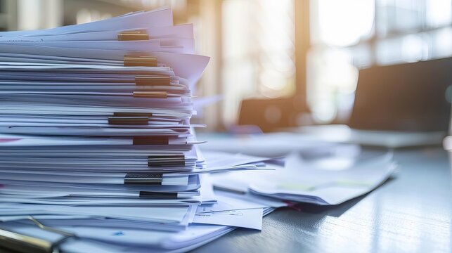 stack of accounting documents on office desk with copy space paperwork flow concept