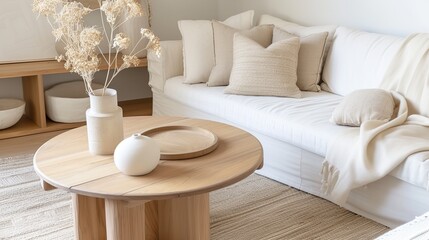 simplicity meets warmth. Light wood tones, clean lines, cozy textiles come together. Generative Ai