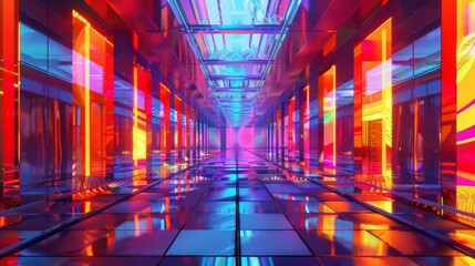 A long hallway with neon lights and a reflection of the lights on the floor