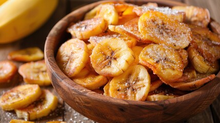 Crispy fried sliced banana with sugar,sweet banana chips in wooden bowl - Powered by Adobe