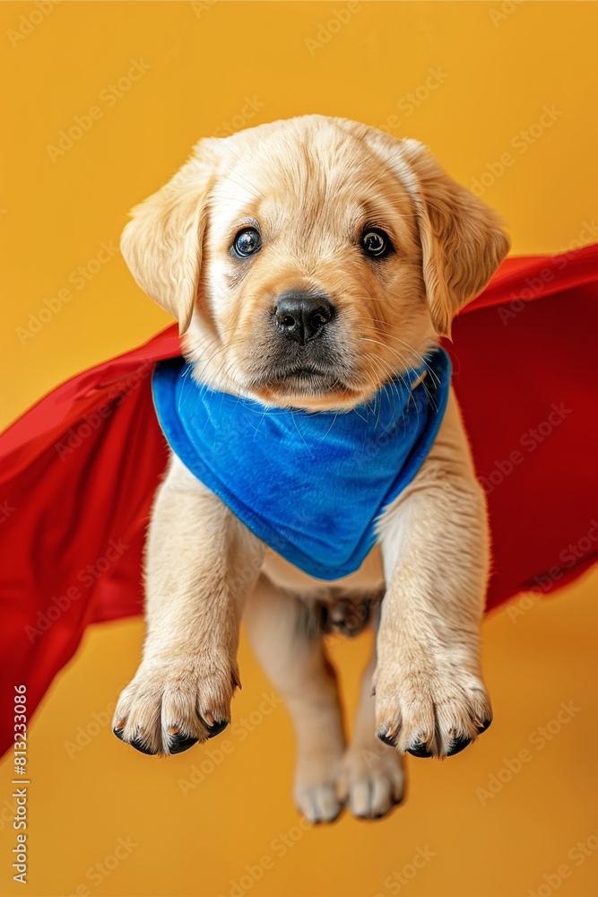 Poster superhero dog in flight on pastel gradient backdrop with ample space for text placement