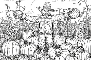 Scary Halloween coloring page with pumpkins, ghosts, bats and witches. Perfect for children and adults to enjoy.