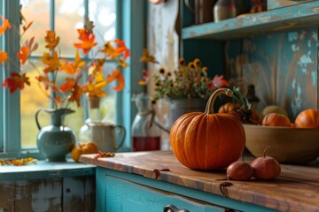 cozy autumn kitchen with pumpkin and leaf decor still life photography