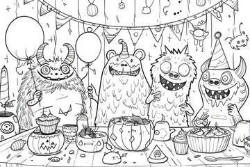 Scary Halloween coloring page with pumpkins, ghosts, bats and witches. Perfect for children and adults to enjoy.