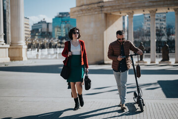 A professional man and woman meet outdoors in a bustling urban environment, showcasing active travel with an electric scooter.