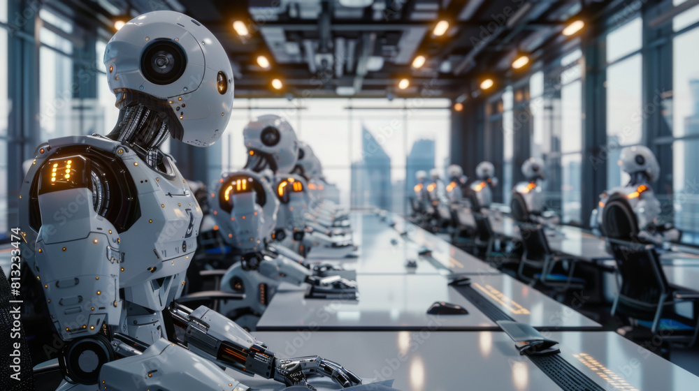 Poster a line of advanced humanoid robots seated at a conference table in a futuristic office setting.