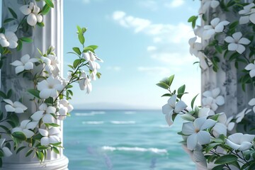 delicate white jasmine flower in ancient roman temple by the sea simplistic 3d rendering