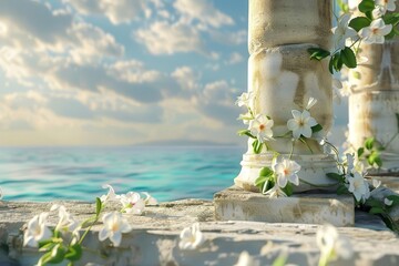 delicate white jasmine flower in ancient roman temple by the sea simplistic 3d rendering
