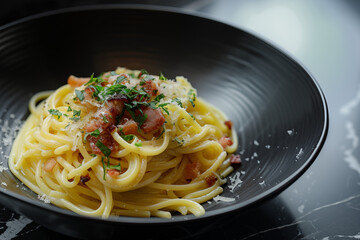 A front view shot of chef made pasta spaghetti in a sleek, black ceramic plate, placed on a black marble table.