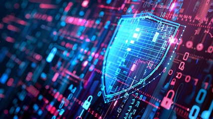A digital illustration of a shield protecting data and information from cyber threats, with binary code and padlocks in the background, conveying the importance of cybersecurity in modern technology.