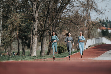 A trio of young women run along a park path, exuding vibrancy, health, and fitness in a natural...