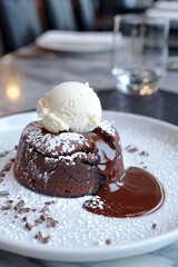 Sophisticated chocolate lava cake with vanilla ice cream on minimalist background