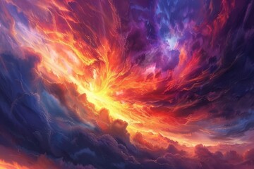 breathtaking aerial perspective of vivid cloudscape during spectacular sunset digital painting