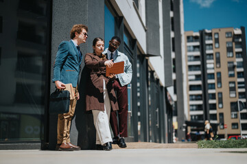 Young multiracial business team involved in a discussion outside modern buildings in the city, reviewing documents together while standing.