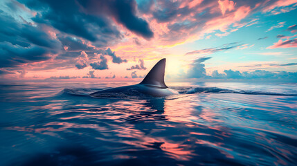 shark fin on surface of ocean agains blue cloudy sky