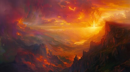 A painting of a mountain range with a red sun in the sky