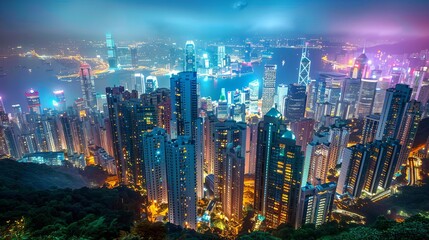 Fototapeta premium vibrant cityscape at night with illuminated skyscrapers and busy streets urban landscape