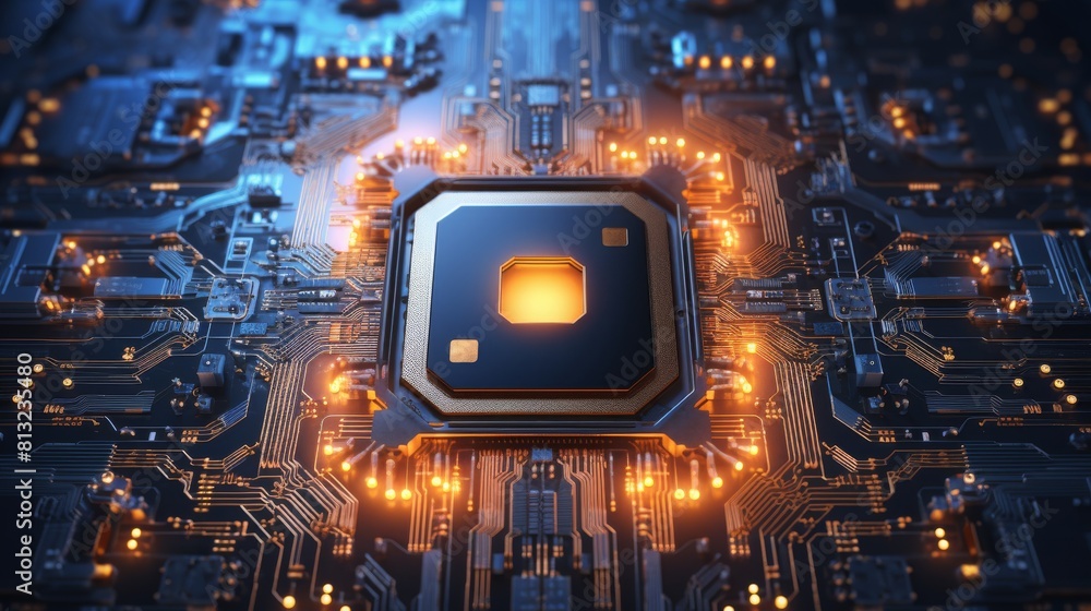 Poster the image shows a close-up of a computer chip with glowing orange light.