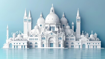Obraz premium An illustration of a beautiful white European city with many domes and intricate details. The city is surrounded by a blue sea.